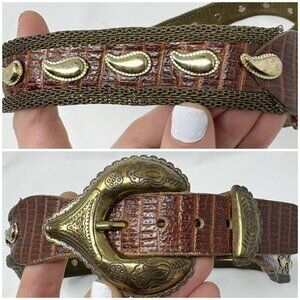 Neiman Marcus Metal Chain Gold Tone Mesh Brown Leather Belt Paisley Studded Sz 6